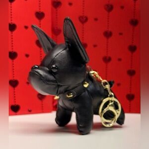 Black Leather Dog Figurine Keychain with Studded Collar